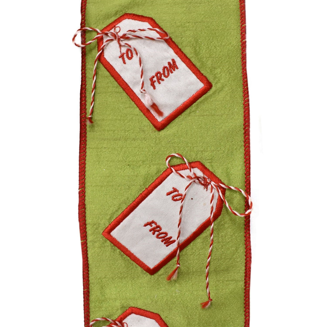 Green Faux Dupioni Ribbon with Red and White Christmas Tags 4