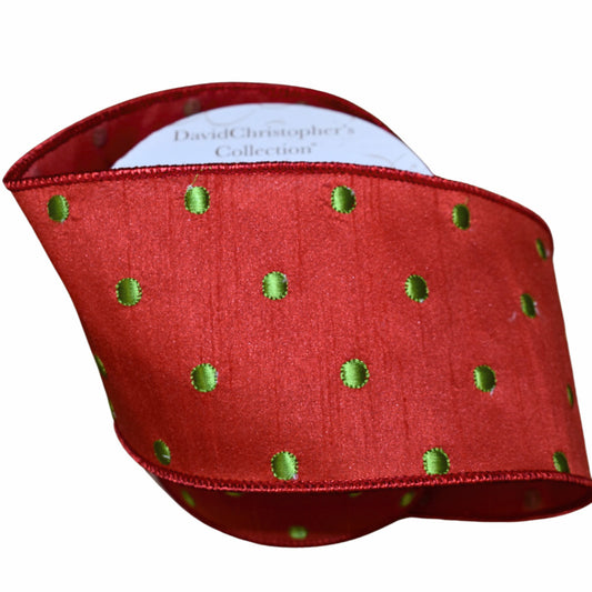 Red Faux Dupioni Ribbon with Green Embroidery Dots 4" x 10yd