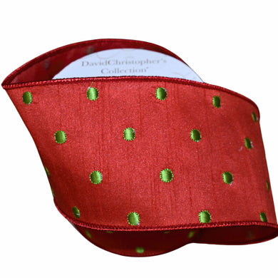 Red Faux Dupioni Ribbon with Green Embroidery Dots 4