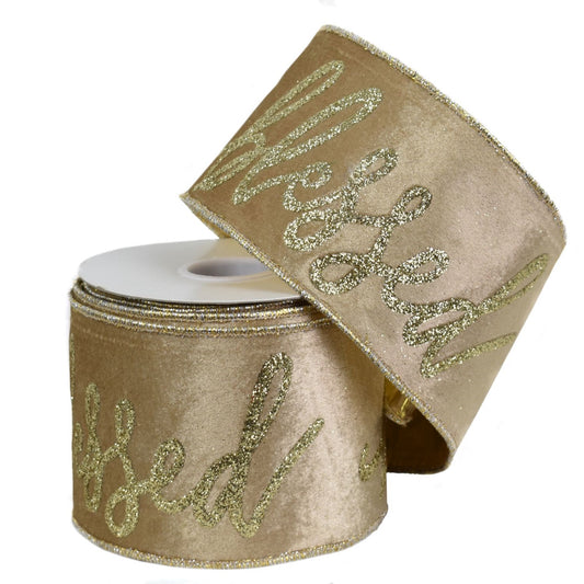 Gold Faux Dupioni Ribbon with Gold "Blessed" Embroidery with Gold Edge 4" x 10yd IRC22