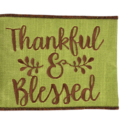 Lemongrass Faux Dupioni "Thankful and Blessed" Brown Embroidery Ribbon with Brown Edge 4" x 10yd