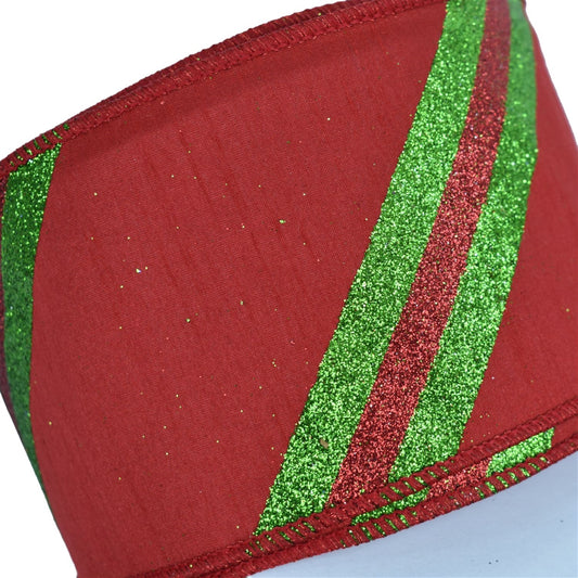 Red Faux Dupioni Ribbon with Green and Red Glitter Stripe 4" x 10yd