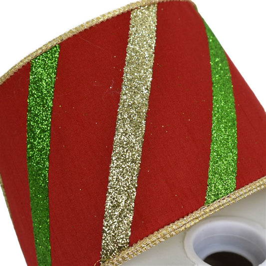 Red Faux Dupioni Ribbon with Green and Gold Glitter Candy Stripe 4" x 10yd | IR