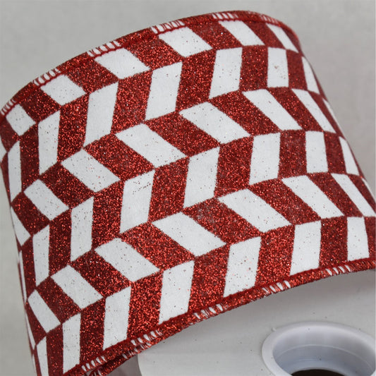 White Faux Dupioni Ribbon with Red Herringbone Glitter 4" x 10yd