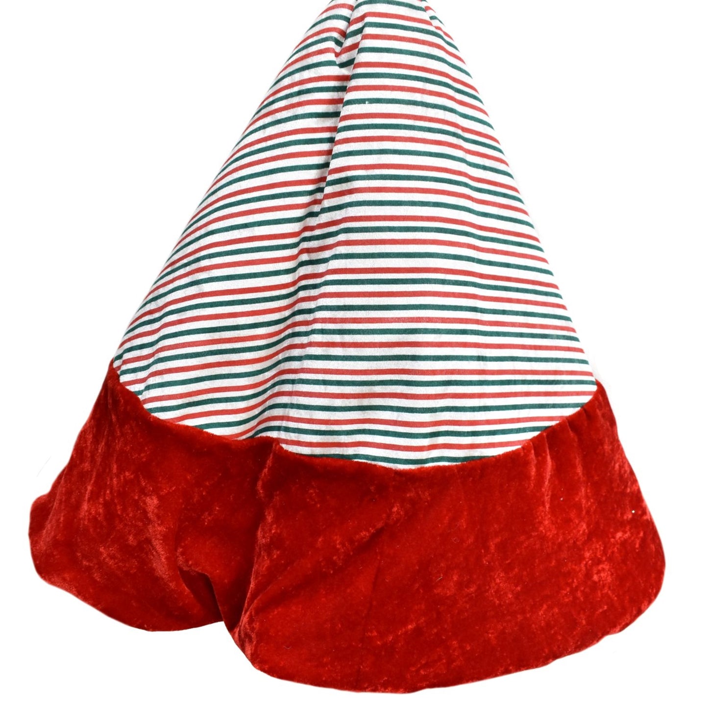 60" Round Green/Red/White Stripe and Red velvet Border Tree Skirt | IR