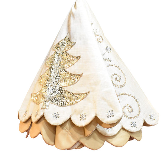 42" Beaded Christmas Tree Embroidery on Gold Faux Dupioni Tree Skirt | IR