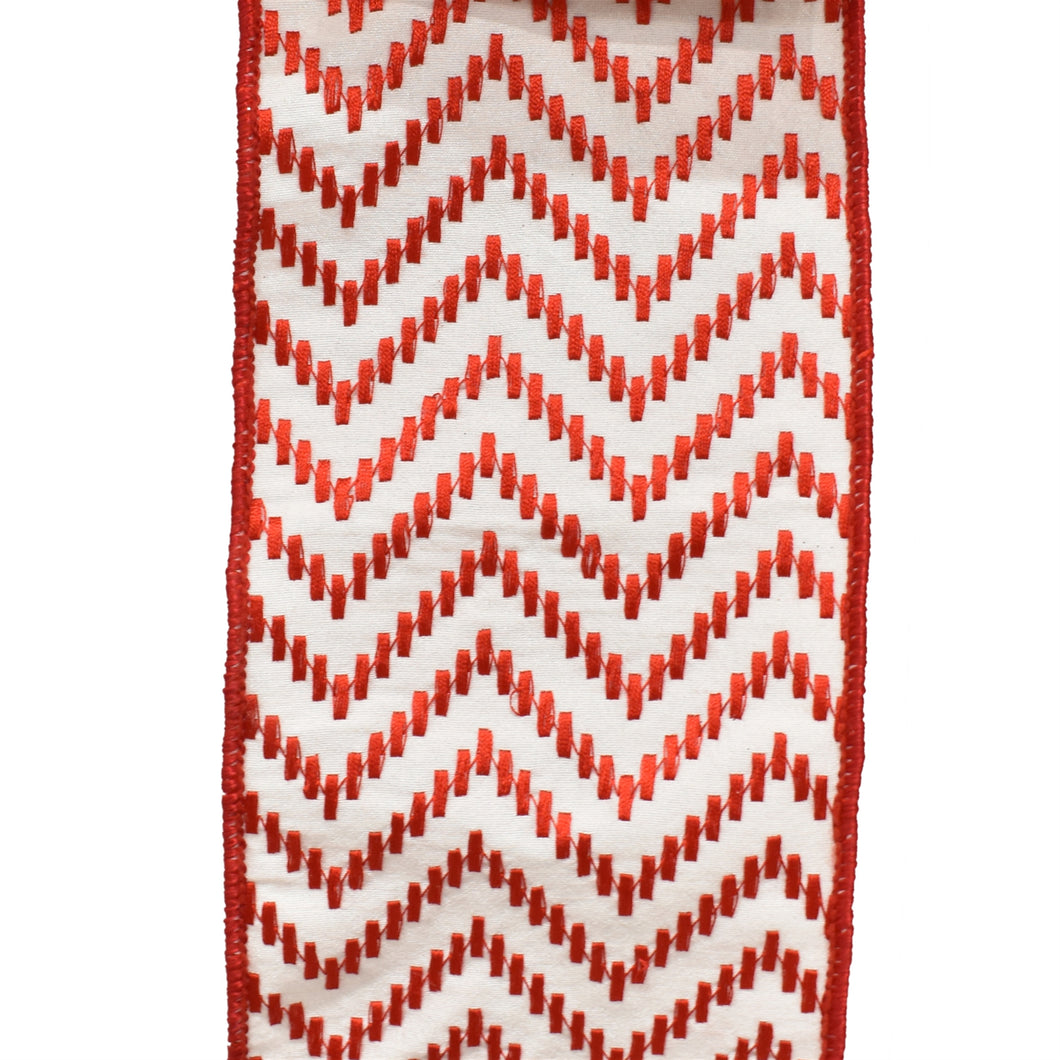 White Ribbon with Embroidered Red Chevron Design 4