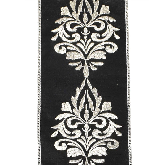 Black Dupion Ribbon with Elegant Silver Embroidery 4" x 10YD | IRC22