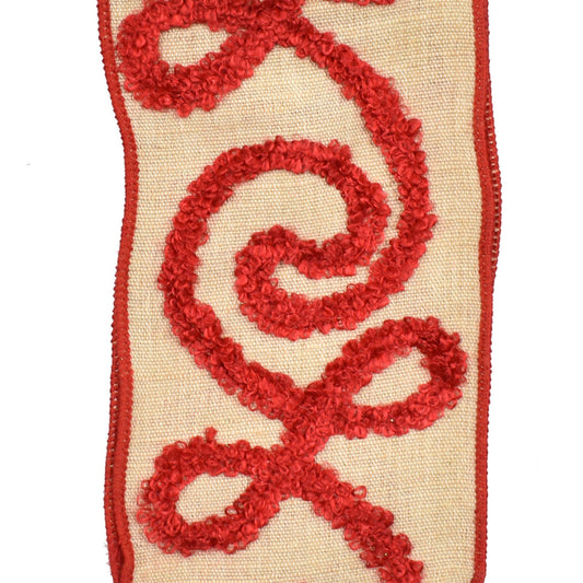 Tan Ribbon with Red Embroidered Scroll 4" x 10YD | IRC22