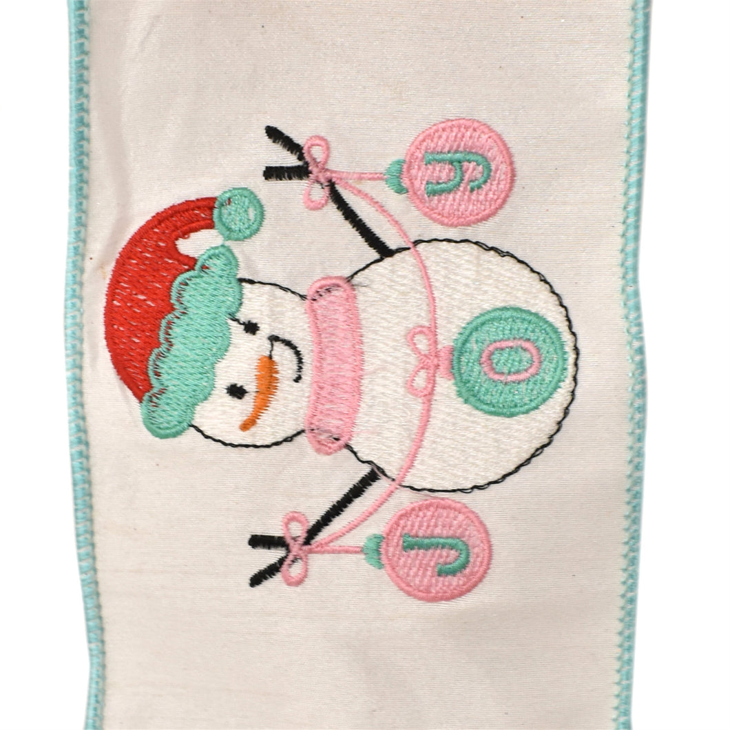 White Ribbon with Colorful Snowman Embroidery Holding 