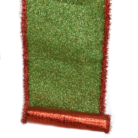 Green Glitter Ribbon with Red Tinsel Edge 4" x 10YD | IRC22