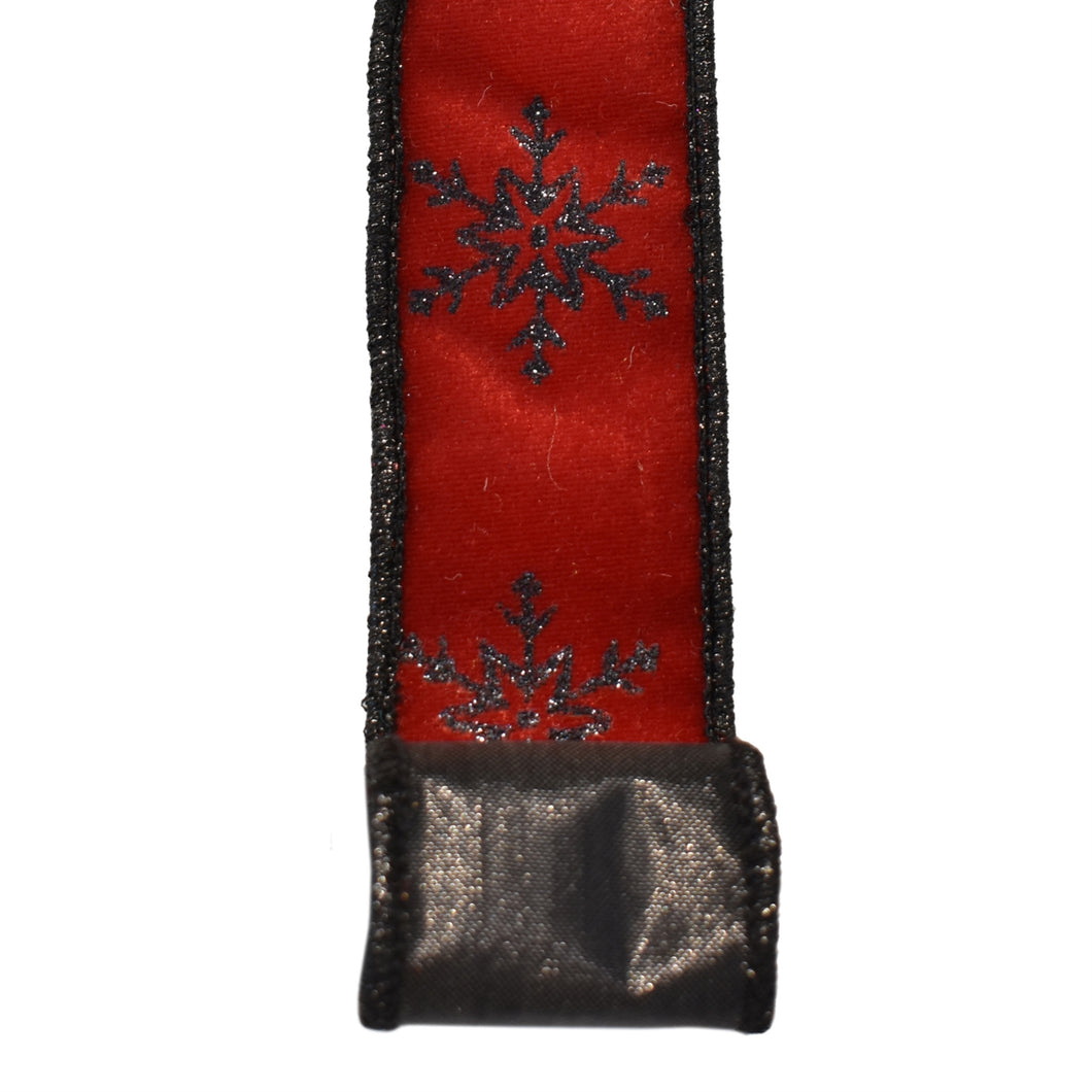 Deep Red Ribbon with Black Glittered Snowflakes and Black Backing 1.5