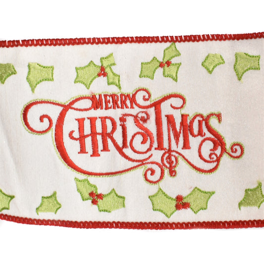 Scripted "Merry Christmas" Ribbon Holly Ribbon 4" x 10YD in White/Red/Green | IRC22