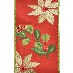 Embroidery Red/Green/Gold Leaf Pattern Berry Ribbon 4" x 10YD | IRC22