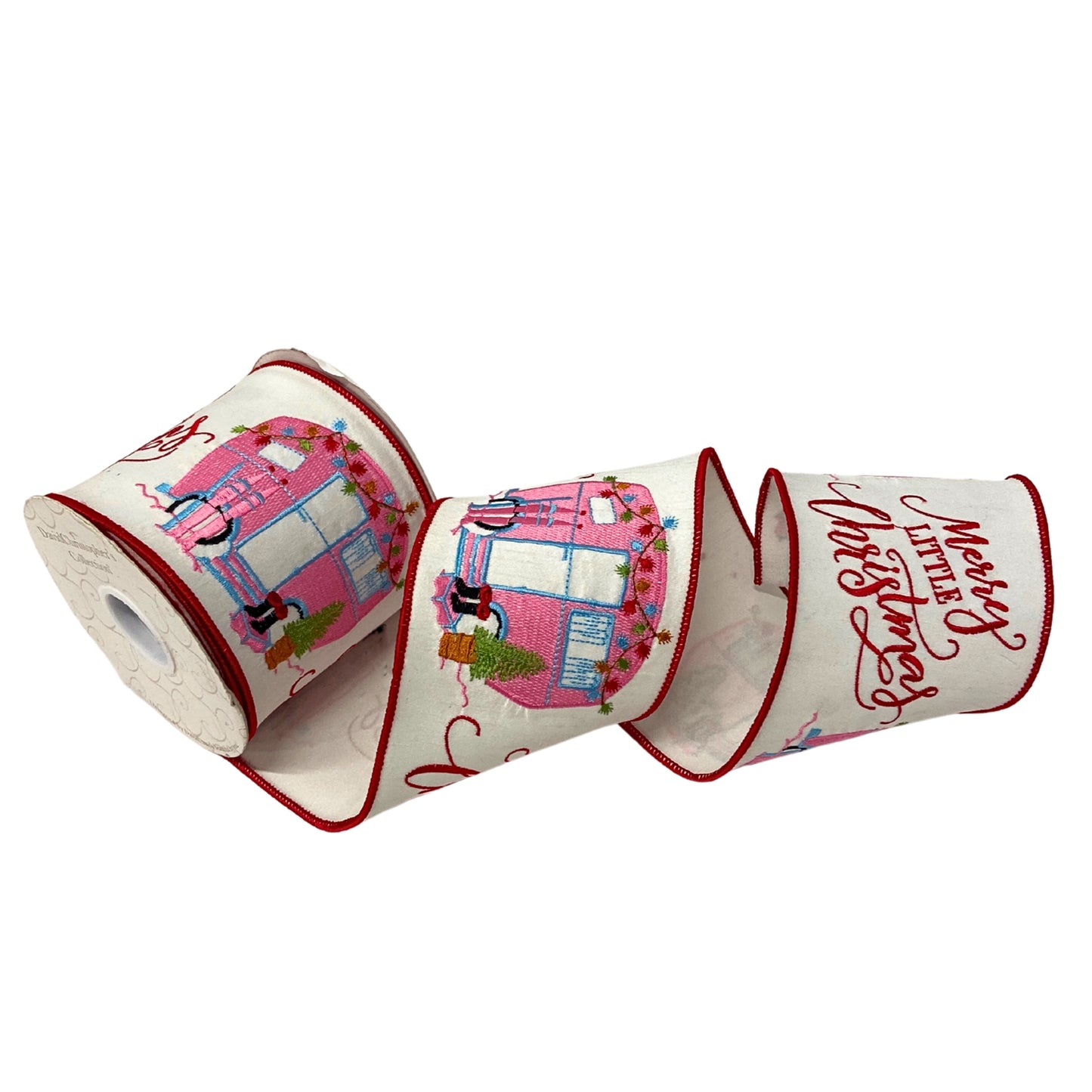 4”X10YD Merry Little Christmas with pink bus embroidery on white dupioni with white dupioni back red