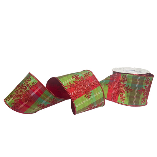 4”X10YD Red glitter snowflake printed on Green/Red/Blue plaid ribbon with red dupioni back gold edge