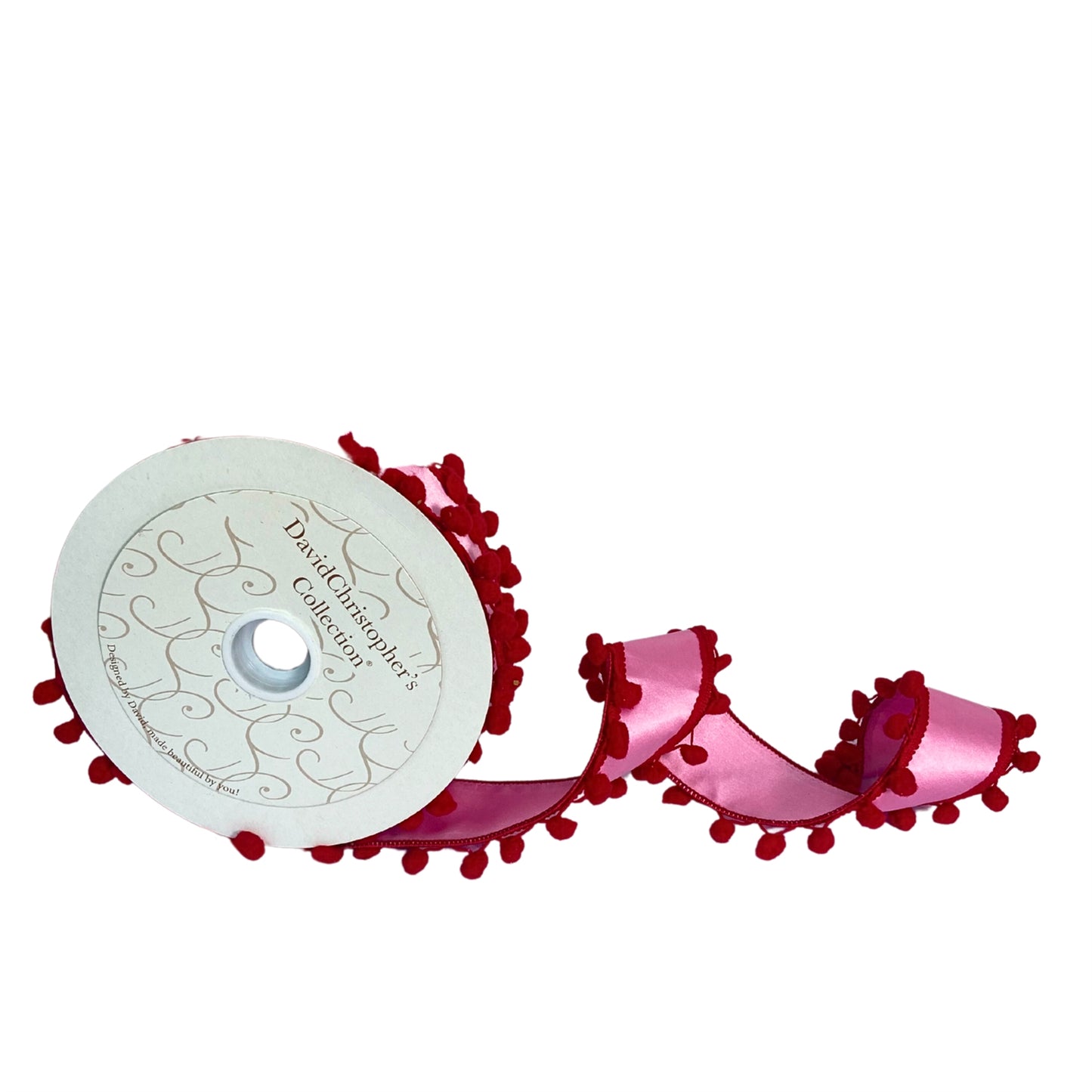 2.5”X10YD Pink satin ribbon with red pompom on the edges same back red edge