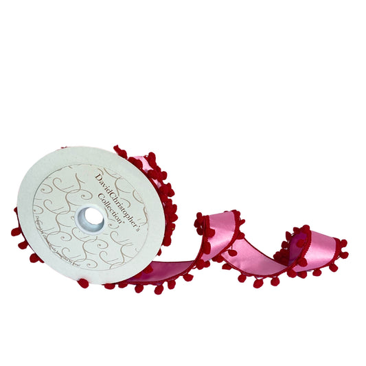 2.5”X10YD Pink satin ribbon with red pompom on the edges same back red edge