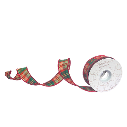1.5”X10YD Red/Green with gold line plaid ribbon. Red edge