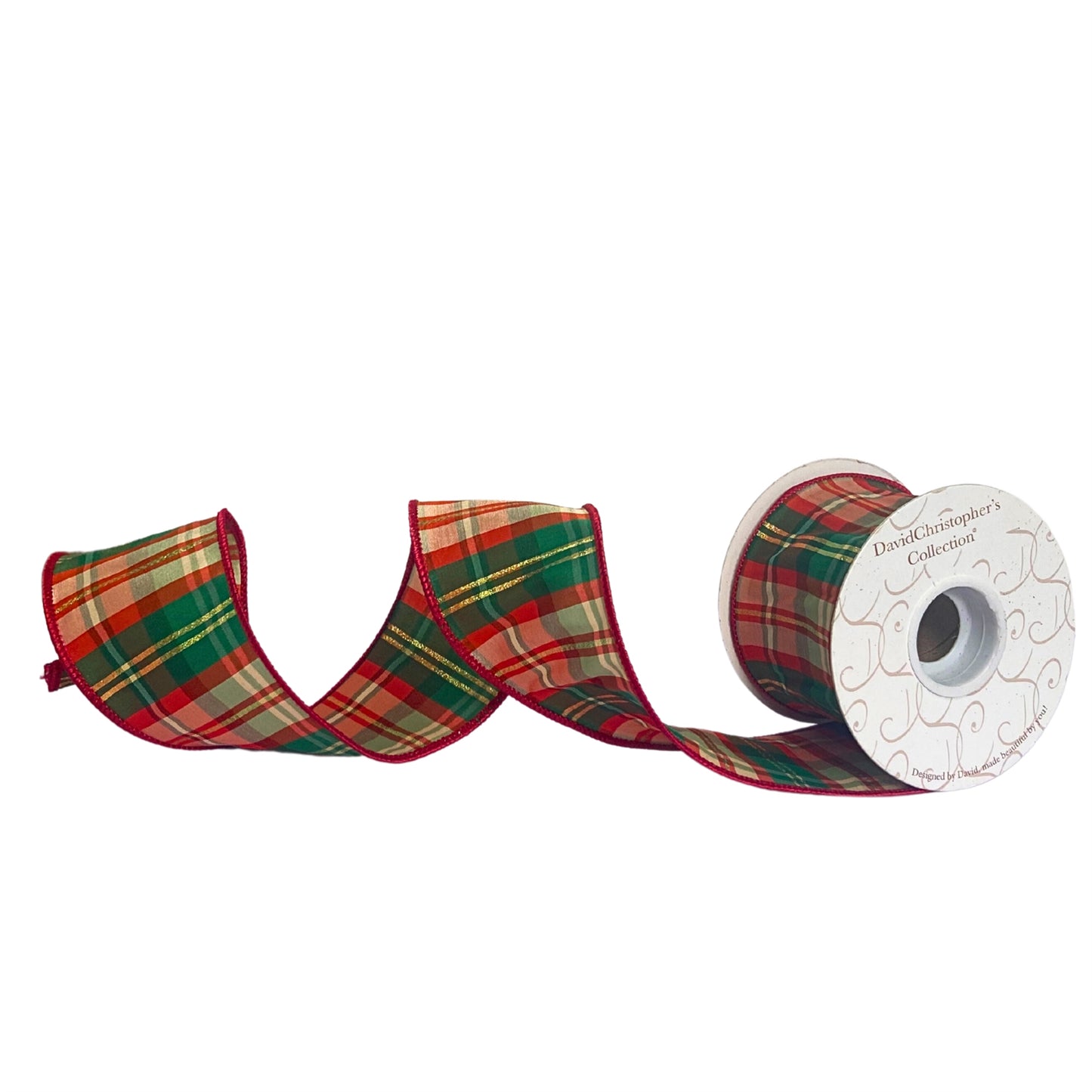 2.5”X10YD Red/Green with gold line plaid ribbon. Red edge