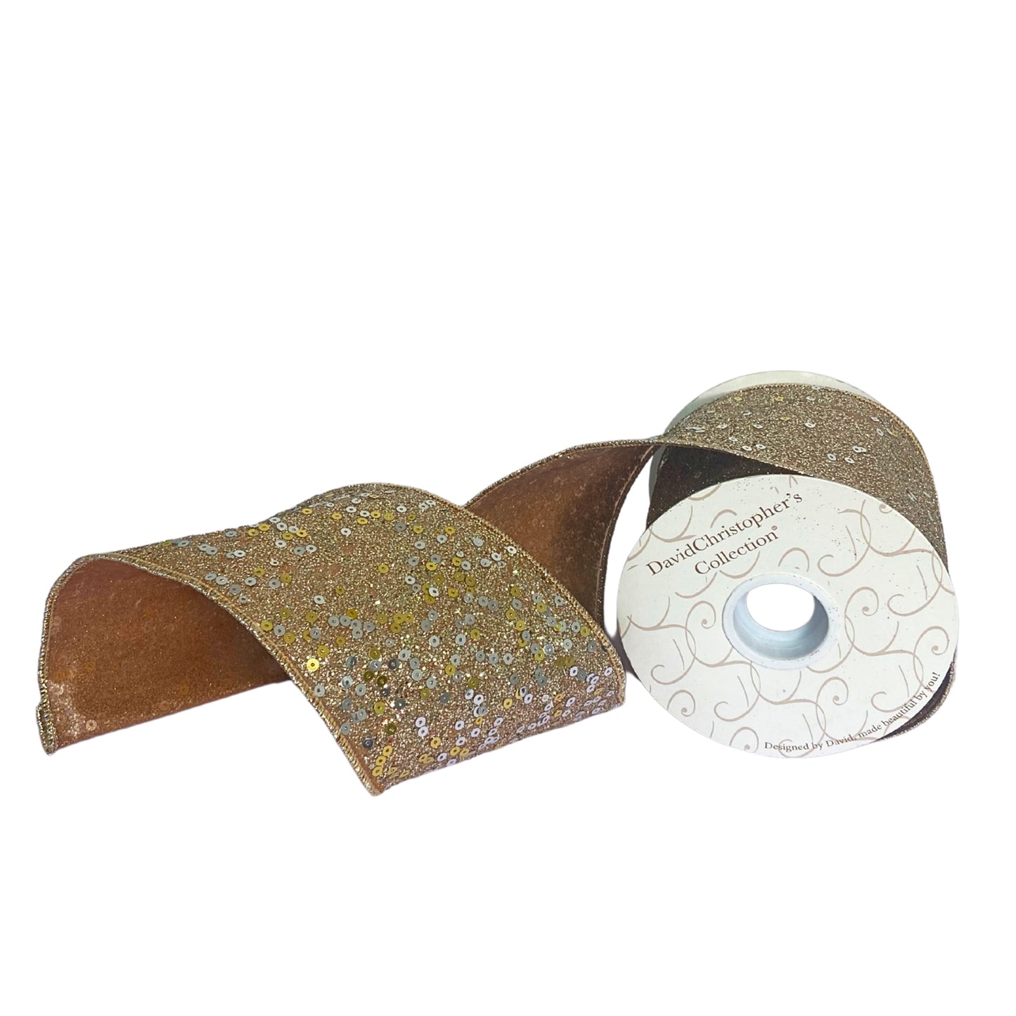 4”X10YD Rose Gold full glitter with gold sequin printed on rose gold sheer and rose gold sheer back