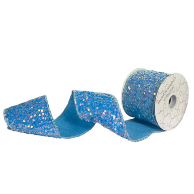 4”X10YD Blue rainbow sequin embroidery on blue velvet with blue sheer back blue metallic edge