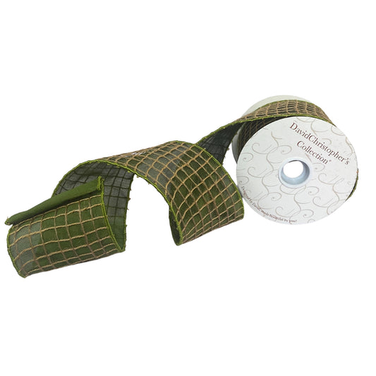 4”X10YD Open weave jute ribbon stitched on Olive green dupioni with no back olive green edge
