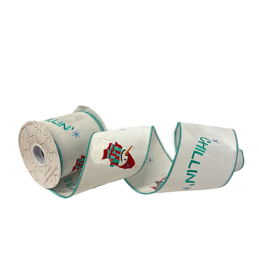 4”X10YD Snowman and Chilin embroidery on white dupioni with white sheer back and aqua edge