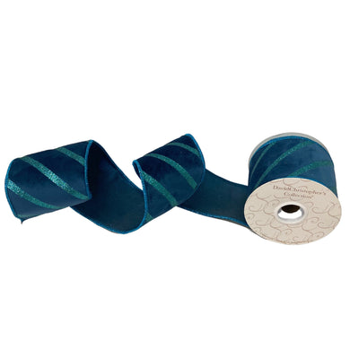 4”X10YD green glitter tape diagonally stitched on dark teal velvet with teal sheer back teal edge (3