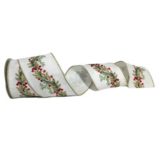 4”X10YD Berry leaves embroidery on white dupioni with white dupioni back gold edge