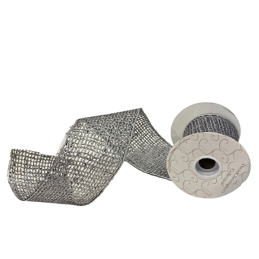 4”X10YD Pewter metallic painted open weave jute ribbon with pewter metallic edge