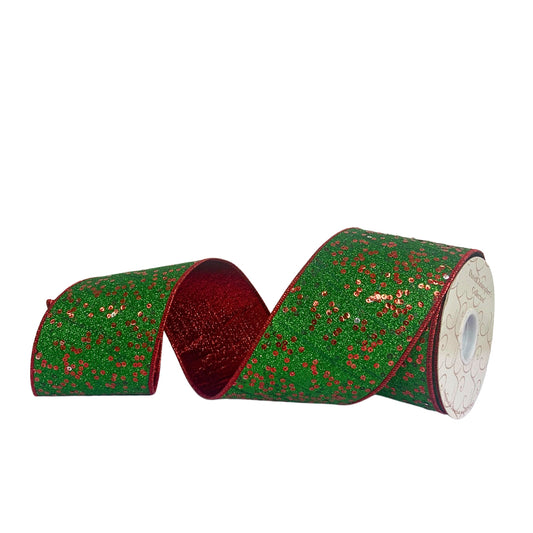 4”X10YD Green full glitter with red sequin printed on green sheer with red metallic mesh back and re