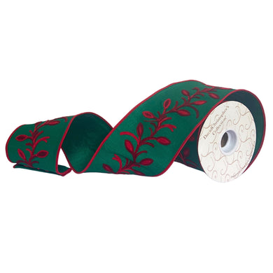 4”X10YD Red leaf chain embroidery on green dupioni with green dupioni back and dark red edge