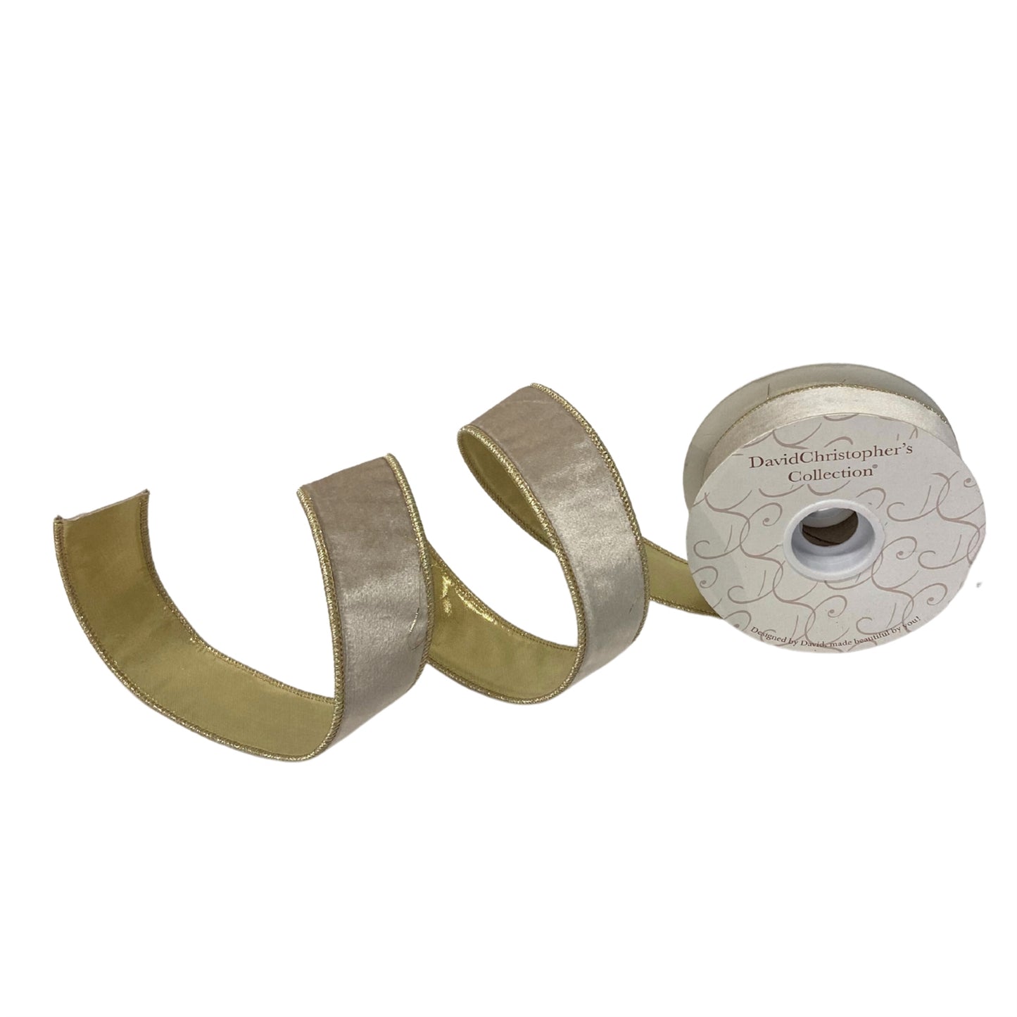 1.5"X10YD Ivory velvet ribbon with platinum lame back and platinum edge | IR