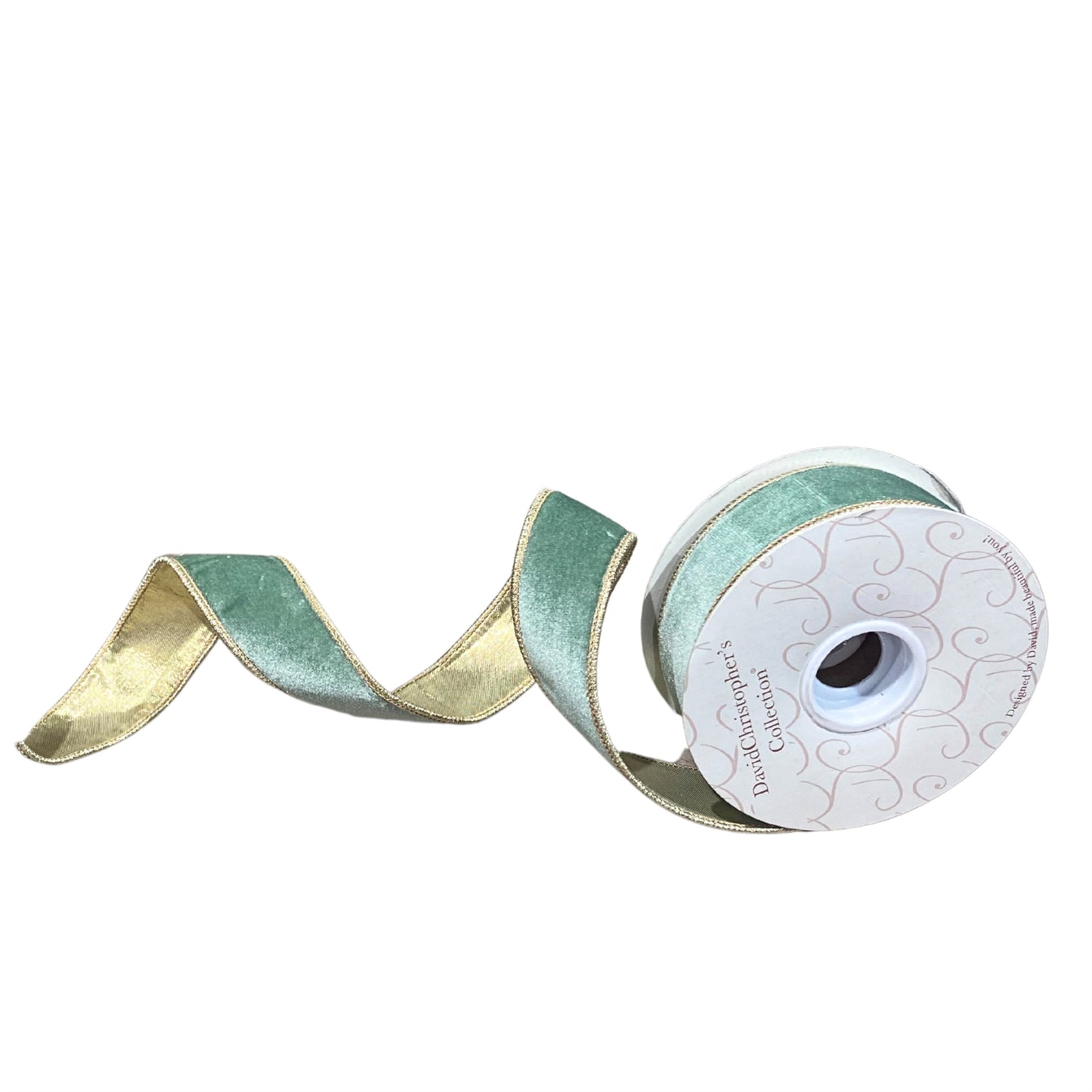 1.5"X10YD light aqua velvet ribbon with platinum lame back and platinum edge | IR