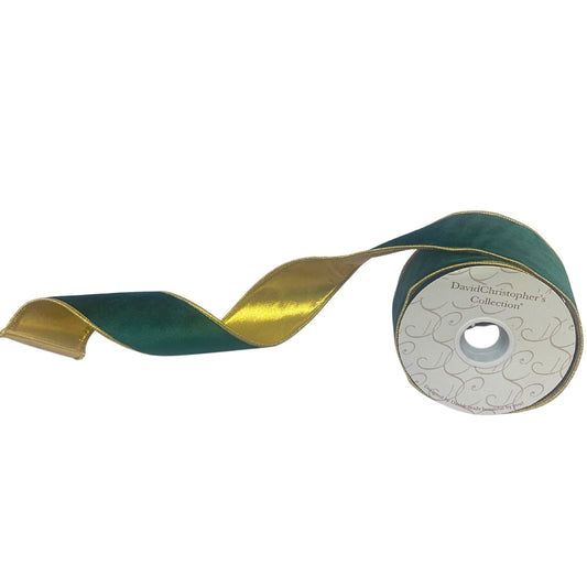 2.5”X10YD Dark Green Velvet Ribbon with Gold Lame Back and Gold Edge