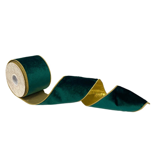 4”X10YD dark green velvet ribbon with gold lame back and gold edge