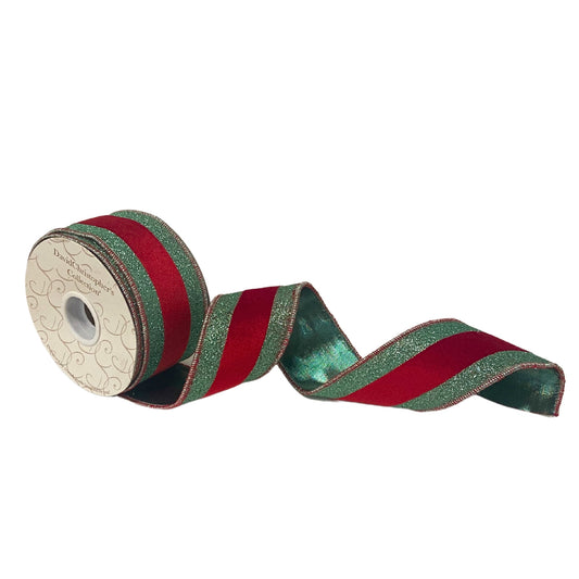 2.5”X10 YD Red Velvet ribbon with Lt Aqua glitter stripe on the edge with rose gold back and Lt. aqu