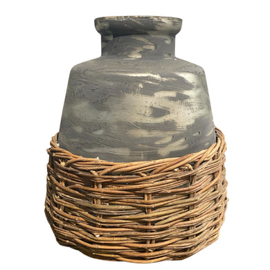 Large 15'' Wilmington Mercury Glass Vase with Woven Basket-Grey
