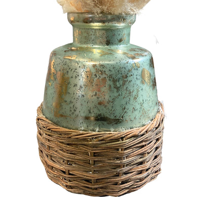 Large 15'' Wilmington Mercury Glass Vase with Woven Basket-Sage
