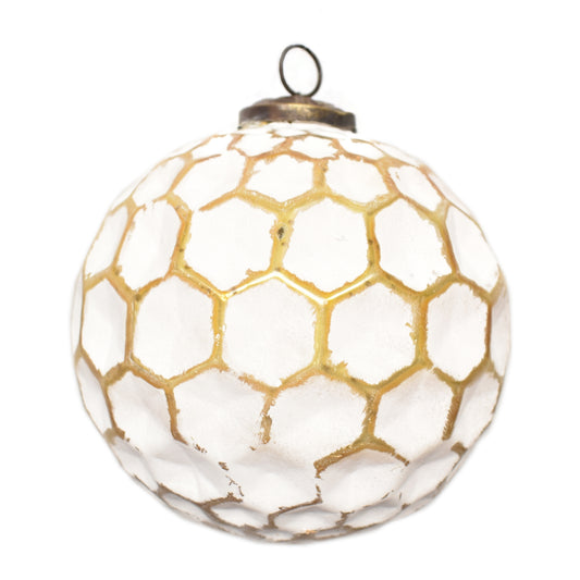 Geometric Indented Ball Ornament 6" in White/Gold | DCH