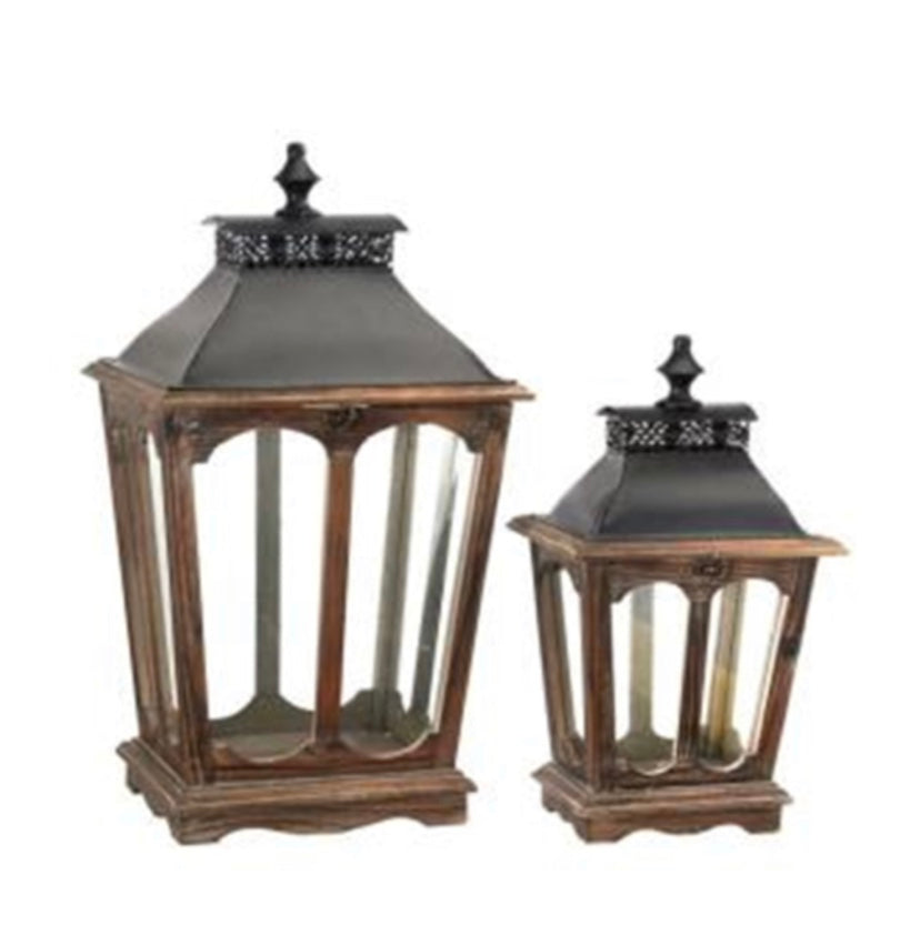 18.5”-25” Wood Glass/ Metal Antique Lantern Set Of 2 Color: Weathered Wood | FX