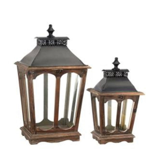 18.5”-25” Wood Glass/ Metal Antique Lantern Set Of 2 Color: Weathered Wood | FX