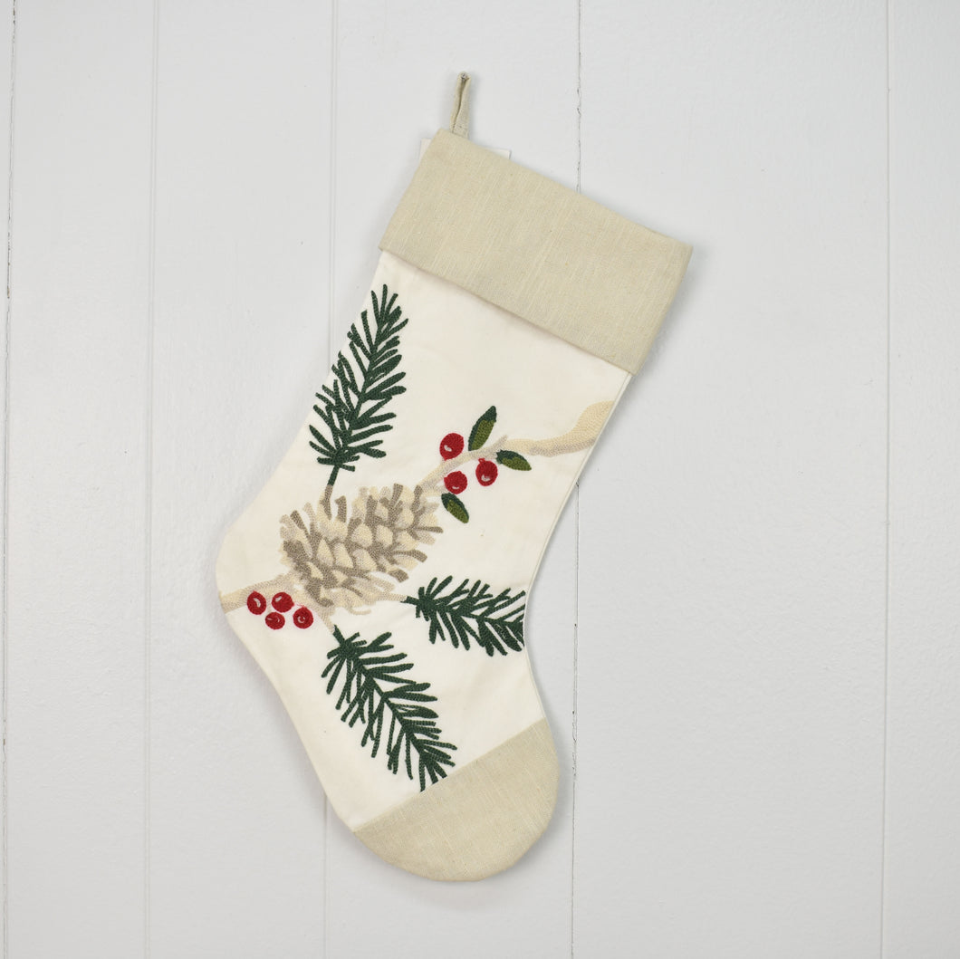 White Pine Cone and Holly Stocking