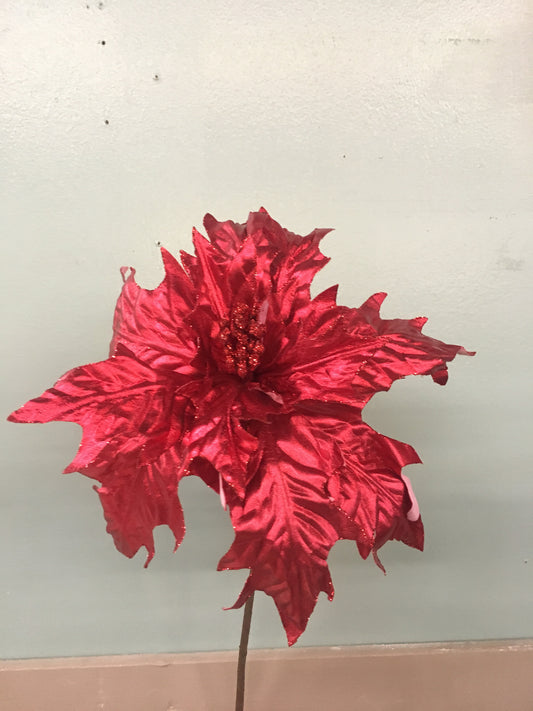 24" Metallic Poinsettia Stem in Red