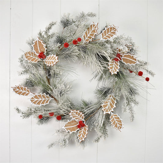 24” SNOWED PINE GINGERBREAD HOLLY WREATH | TA